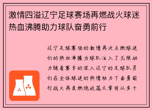 激情四溢辽宁足球赛场再燃战火球迷热血沸腾助力球队奋勇前行
