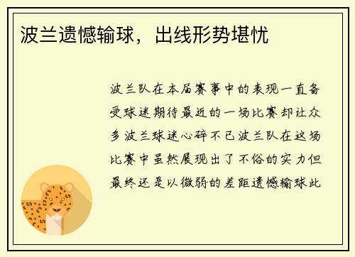 波兰遗憾输球，出线形势堪忧