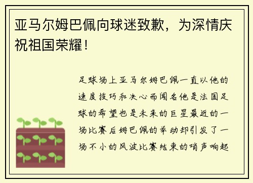 亚马尔姆巴佩向球迷致歉，为深情庆祝祖国荣耀！
