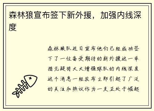 森林狼宣布签下新外援，加强内线深度