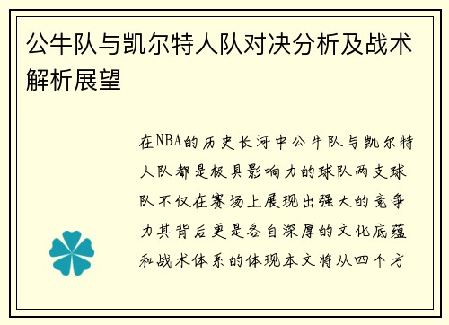 公牛队与凯尔特人队对决分析及战术解析展望