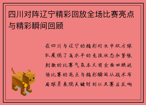 四川对阵辽宁精彩回放全场比赛亮点与精彩瞬间回顾