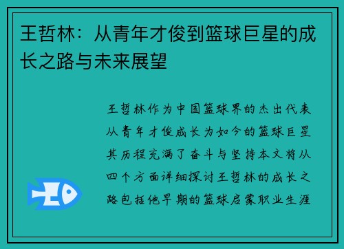 王哲林：从青年才俊到篮球巨星的成长之路与未来展望