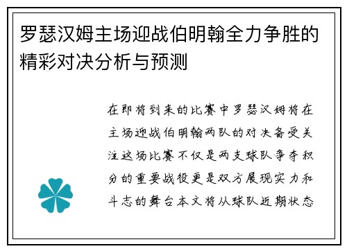 罗瑟汉姆主场迎战伯明翰全力争胜的精彩对决分析与预测