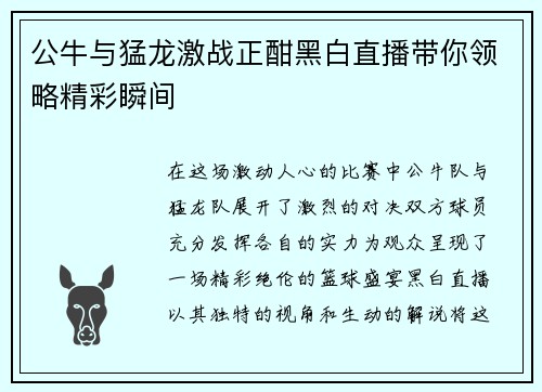 公牛与猛龙激战正酣黑白直播带你领略精彩瞬间