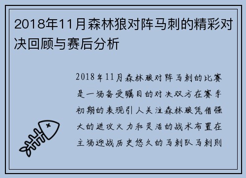 2018年11月森林狼对阵马刺的精彩对决回顾与赛后分析