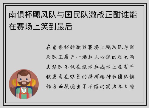 南俱杯飓风队与国民队激战正酣谁能在赛场上笑到最后