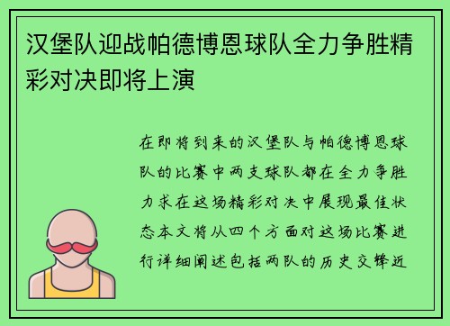 汉堡队迎战帕德博恩球队全力争胜精彩对决即将上演