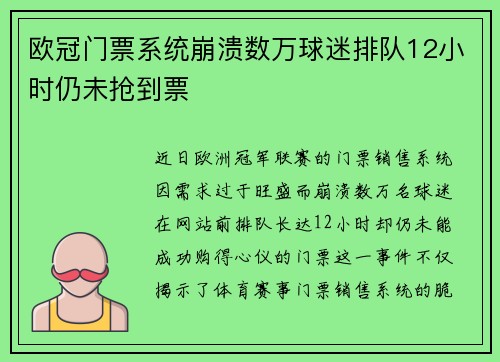 欧冠门票系统崩溃数万球迷排队12小时仍未抢到票