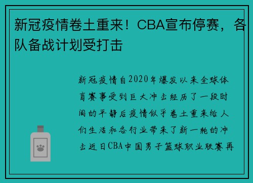 新冠疫情卷土重来！CBA宣布停赛，各队备战计划受打击