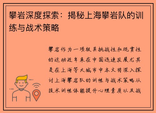 攀岩深度探索：揭秘上海攀岩队的训练与战术策略