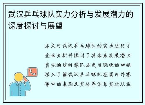武汉乒乓球队实力分析与发展潜力的深度探讨与展望