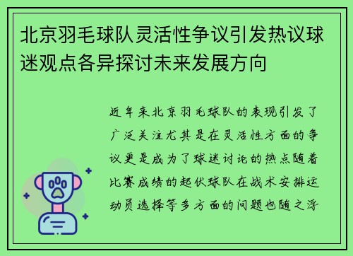 北京羽毛球队灵活性争议引发热议球迷观点各异探讨未来发展方向