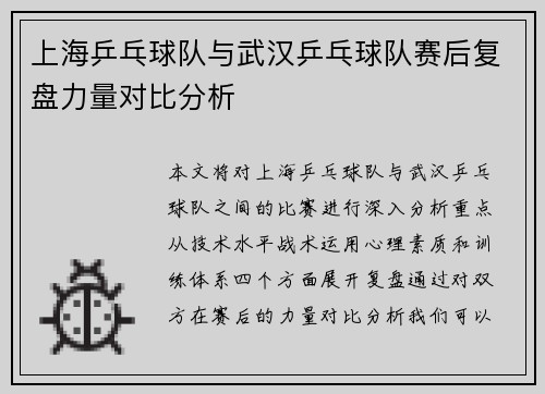 上海乒乓球队与武汉乒乓球队赛后复盘力量对比分析